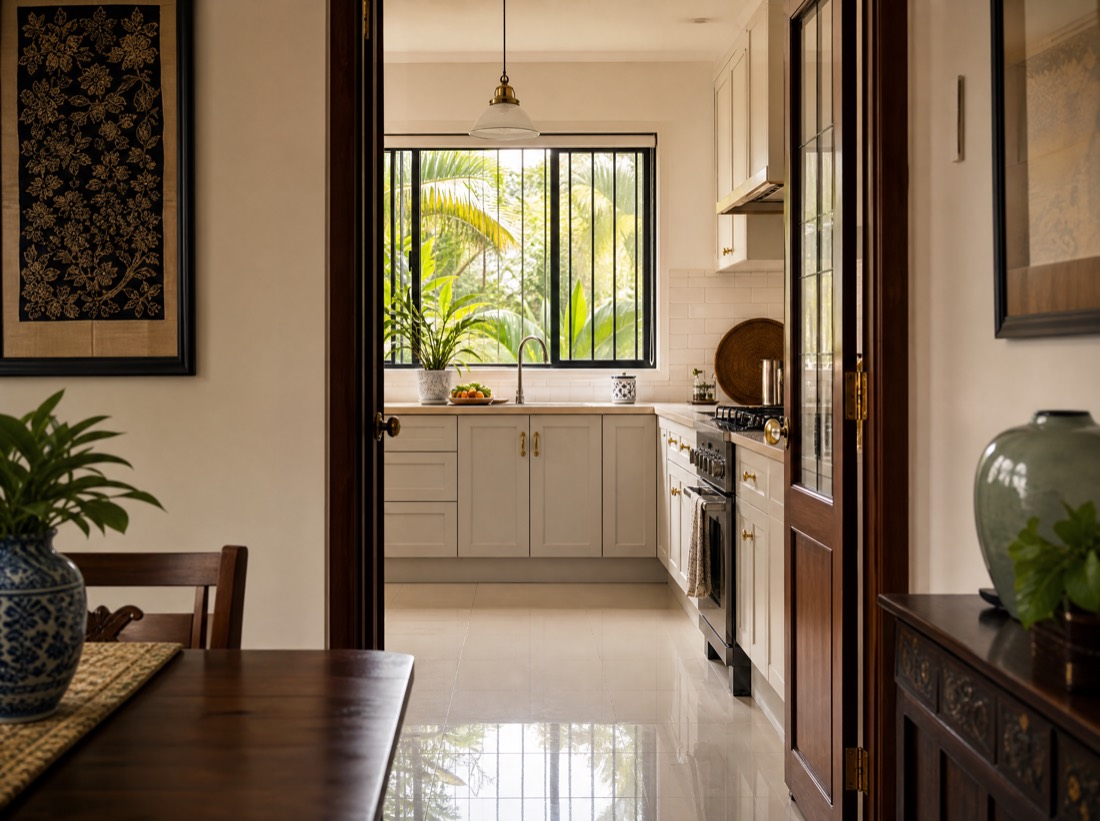 Looking through an open doorway from a dining room into a bright kitchen with tropical greenery outside.
