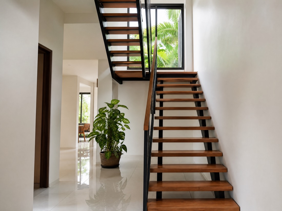 An open timber and steel staircase rising past a window with palm foliage outside.